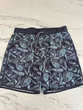 Travis Mathew Navy Swim Trunks with Tropical Print. Drawstring, unlined. M